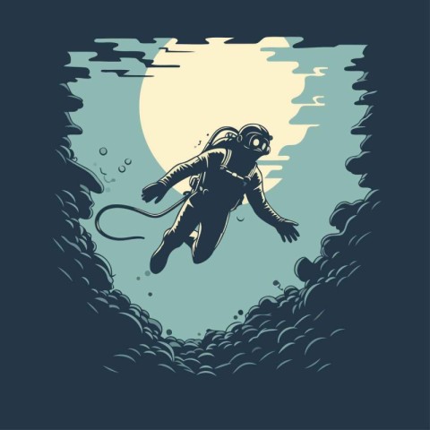 Silhouette of diver on the background of the moon. Vector illust