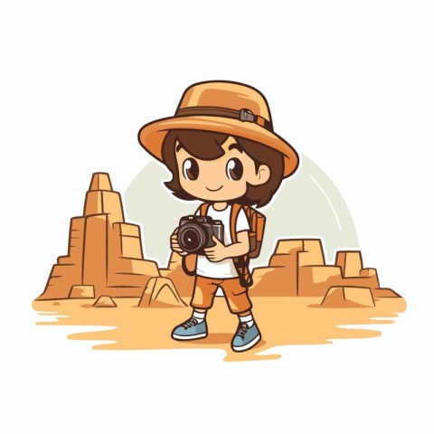 Cute little girl in safari hat with camera vector illustration.