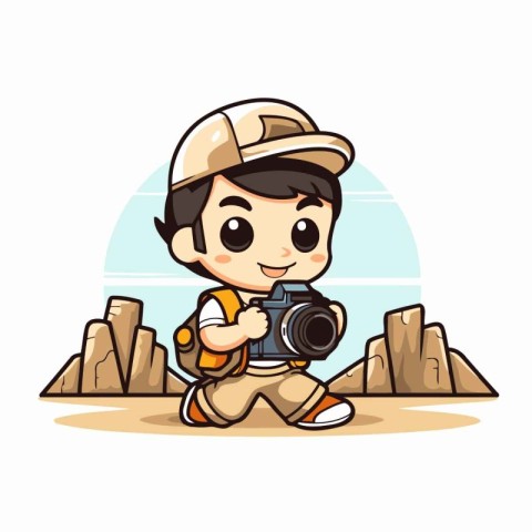 Cute Boy Holding Camera on the Rocks. Vector Illustration.