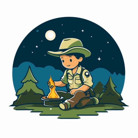 Illustration of a boy camping in the forest at night. Vector ill