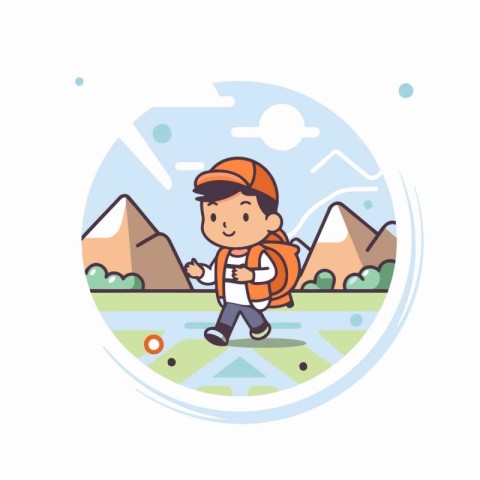 Cute little boy hiking in mountains. Vector illustration in thin