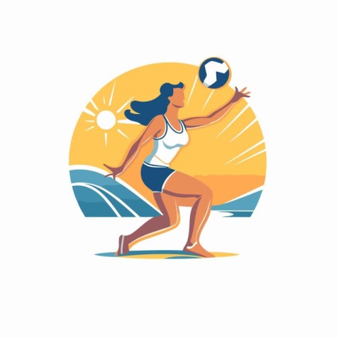 Woman playing beach volleyball on the sunset. Vector illustratio