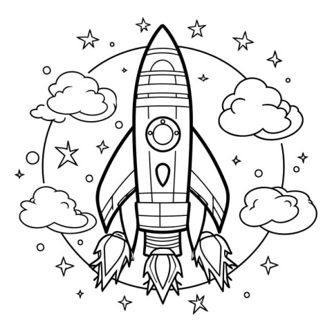 Coloring book for children: rocket and clouds. Vector illustrati