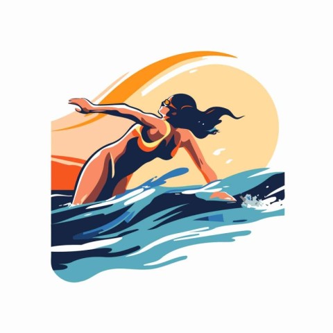 Young woman swimming in the sea. Vector illustration in retro st