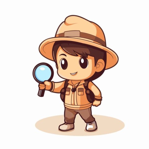 Cute explorer boy with magnifying glass. Cartoon vector illustra