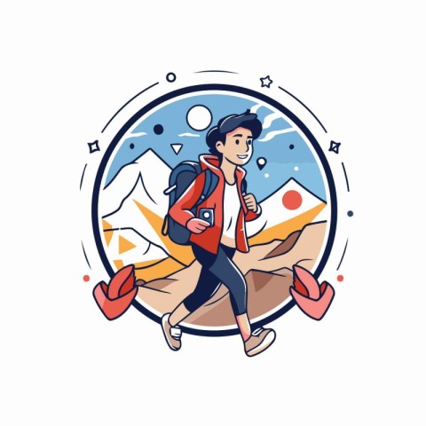 Tourist man with backpack hiking. Vector illustration in thin li