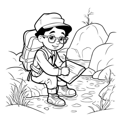 Black and White Cartoon Illustration of Boy Hiking or Camping wi