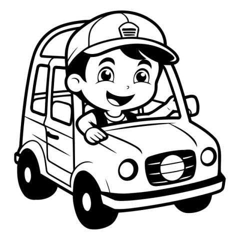 Black and White Cartoon Illustration of a Kid Boy Driving a Car