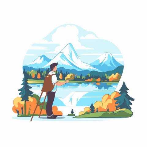 Mountains. lake. forest and man. Vector illustration in flat sty