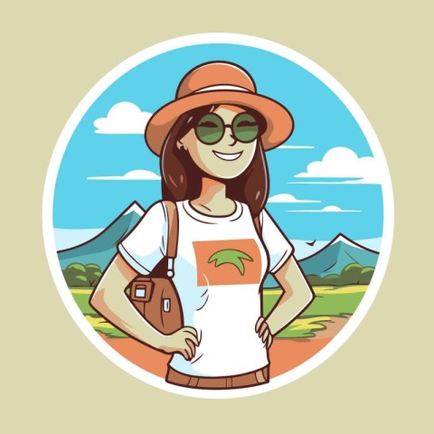 Tourist woman with hat and sunglasses. Vector illustration in ca