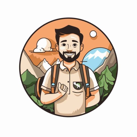 Hiker with backpack in the mountains. Vector illustration on whi