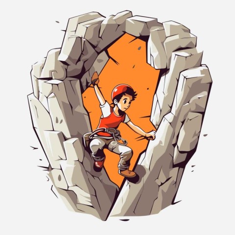 Climber climbing on a rocky wall. Vector cartoon illustration.