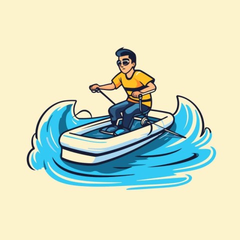 Man riding a boat on the waves. Vector illustration in cartoon s