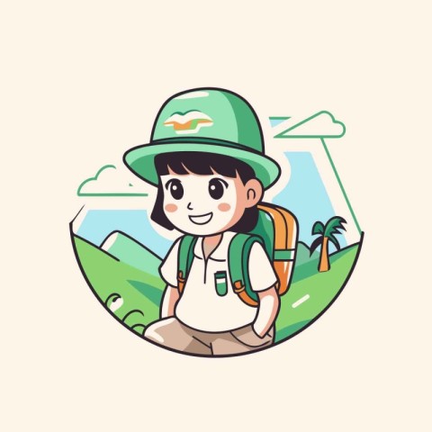 Cute little girl scout with backpack and hat. Vector illustratio