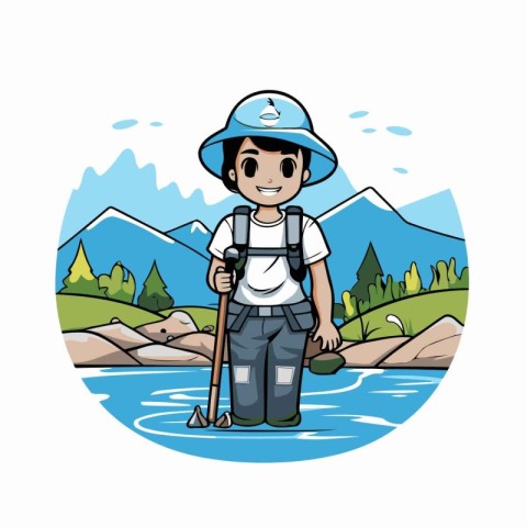 Hiking boy with a stick and backpack in the mountains. Vector il