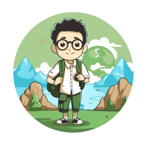 Cute boy with backpack in the mountains. Vector illustration in