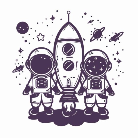 Astronaut kids in space. Vector illustration. Monochrome version