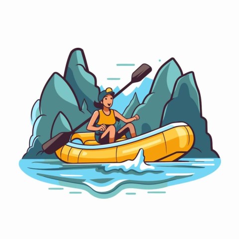 Woman paddling a kayak on the river. Cartoon vector illustration