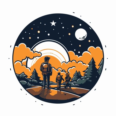 Hikers in the mountains at night. Vector illustration in retro s