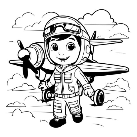 Cute cartoon astronaut boy in spacesuit with airplane. Vector il