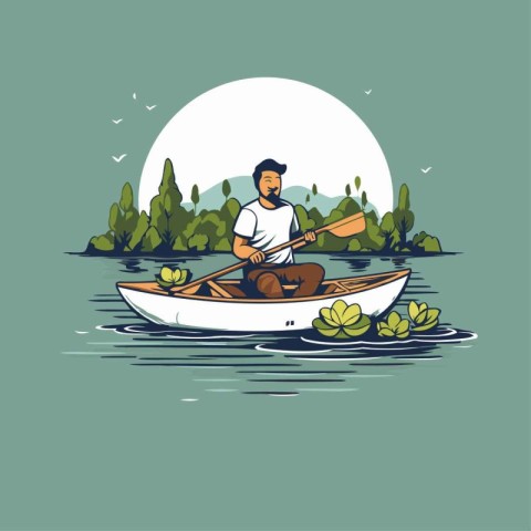 Fisherman in a boat on the river. Vector illustration.