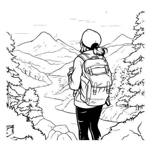 Hiker in the mountains. Black and white vector illustration for