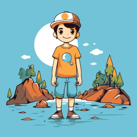 Cute little boy standing in the middle of the river. Vector illu