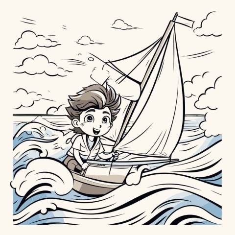 Boy sailing on a sailboat in the sea. vector illustration.