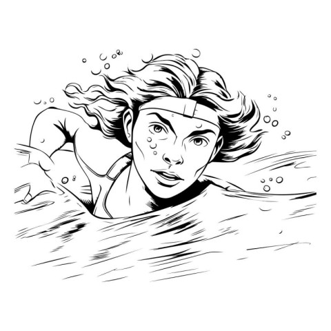 Girl swimming in the pool. Vector illustration in black and whit