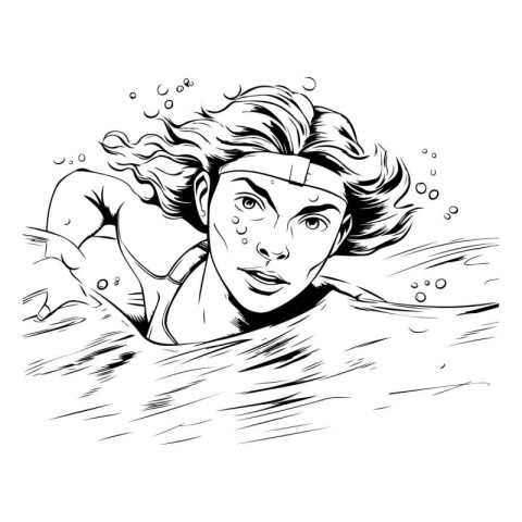 Girl swimming in the pool. Vector illustration in black and whit