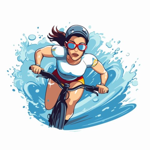 Sportswoman riding on a bicycle in the water. vector illustratio