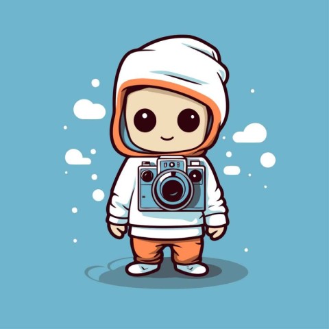 Cute little boy in astronaut costume with camera. Vector illustr