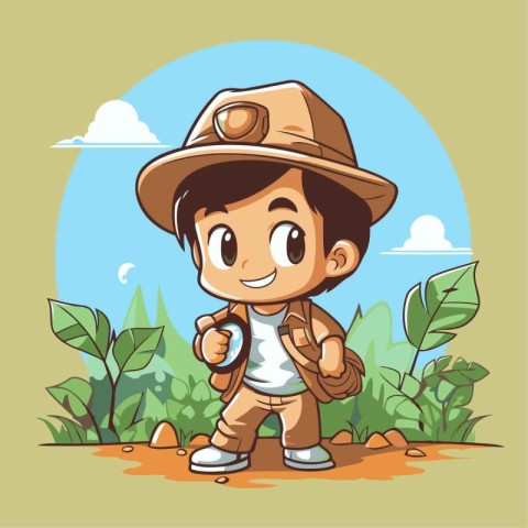 Cartoon explorer boy in safari hat with backpack. Vector illustr