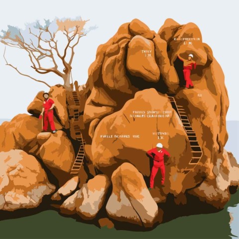 Man climbing the stairs to the top of the mountain. vector illus