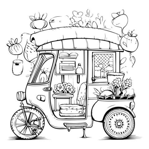 Hand drawn vector illustration of a tuk tuk with flowers.