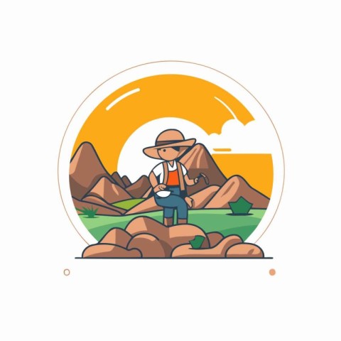 Man in hat sitting on the rocks in the mountains. Vector illustr