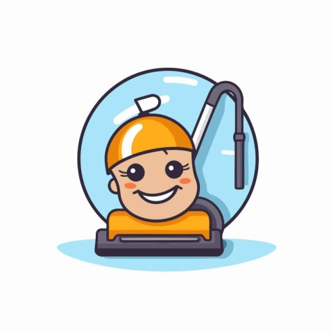 Cute baby boy with vacuum cleaner. Flat style vector illustratio