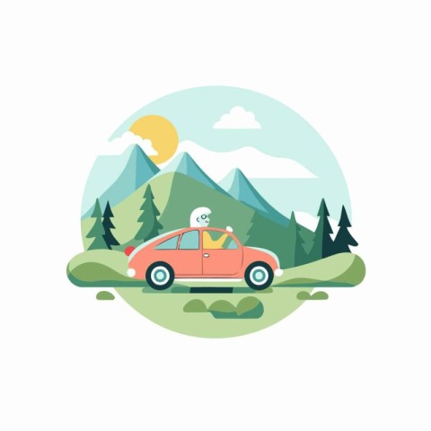 Vector illustration in flat style. A man is traveling by a car.