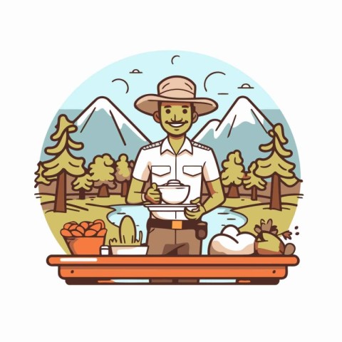 Vector illustration of a man cooking in the forest. Flat style.