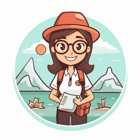 Cute hipster girl with backpack and map. Vector illustration.