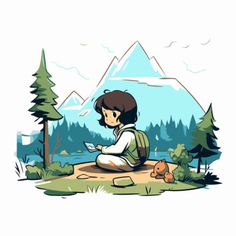 Girl sitting in the forest and using a laptop. Vector illustrati