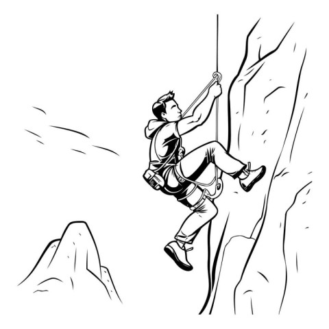 Rock climber climbing up a cliff. black and white vector illustr