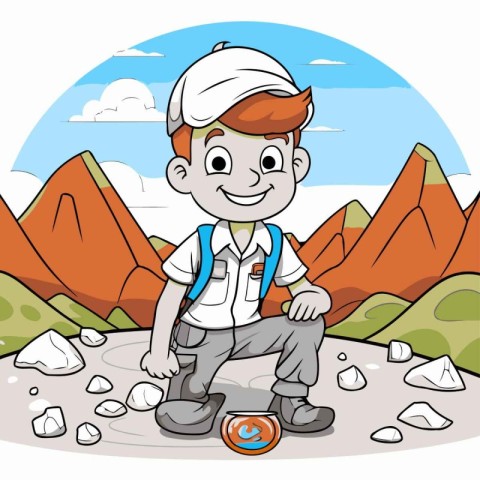 Illustration of a Kid Boy Hiking in the Landscape with a Compass