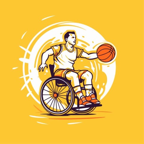 Disabled man in a wheelchair with basketball ball. Vector illust