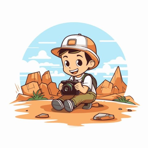 Cute little boy with a camera on the beach. Vector illustration.