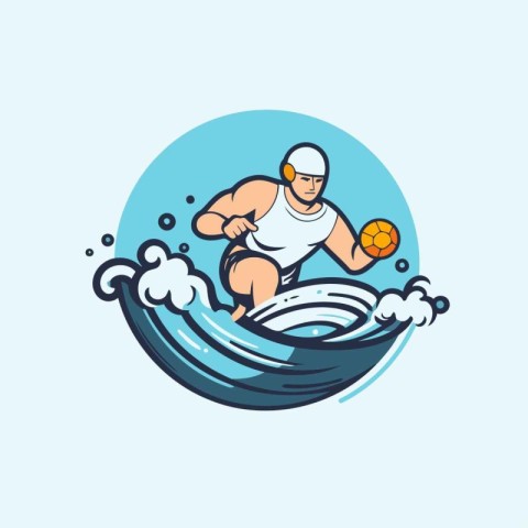 Water polo player with ball on surfboard. Vector illustration.