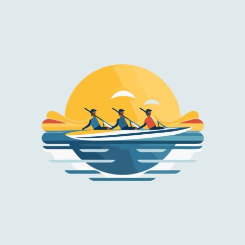 Group of people rowing in boat. Flat style vector illustration.