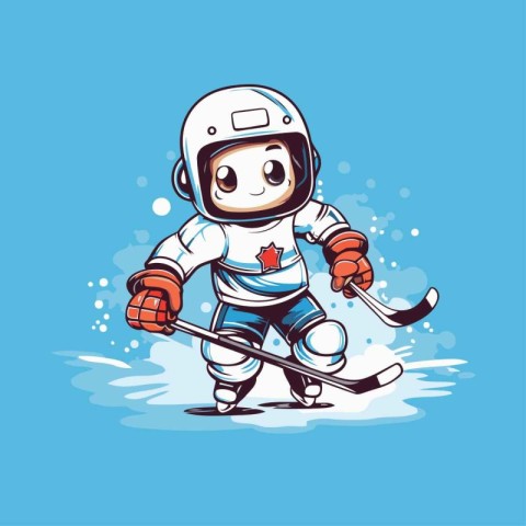 Cute cartoon boy playing ice hockey. Vector illustration on blue