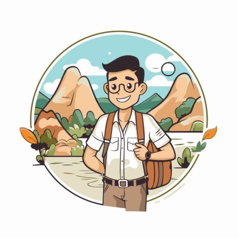 Hiking man with backpack in mountains. Vector illustration in ca