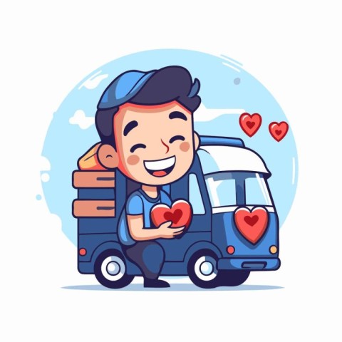 Cute boy in blue car carrying red hearts. Vector illustration.